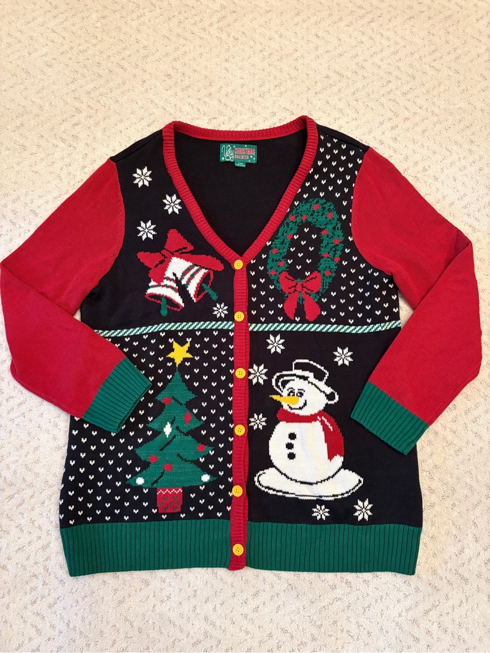 Ugly Christmas Cardigan Sweater Size 1X Button Up Knit Snowman Wreath Tree Bells